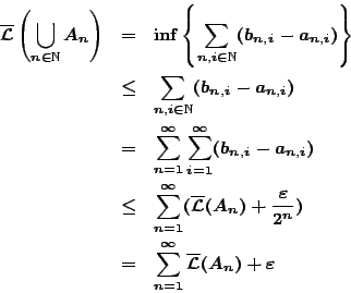 \begin{eqnarray*}
\overline{\mathcal{L}}\left(\bigcup_{n\in\mathbb{N}}A_n\right...
...
&=&\sum_{n=1}^{\infty}\overline{\mathcal{L}}(A_n) +\varepsilon
\end{eqnarray*}