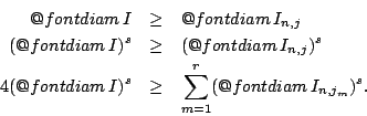 \begin{eqnarray*}
\mathop{\operator@font diam}I &\geq& \mathop{\operator@font d...
...&\geq& \sum_{m=1}^{r}(\mathop{\operator@font diam}I_{n,j_m})^s.
\end{eqnarray*}