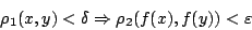 \begin{displaymath}
\rho_1(x,y)<\delta \Rightarrow \rho_2(f(x),f(y))<\varepsilon
\end{displaymath}