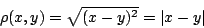 \begin{displaymath}
\rho(x,y)=\sqrt{(x-y)^2}=\vert x-y\vert
\end{displaymath}