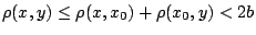 $\rho(x,y)\leq \rho(x,x_0)+\rho(x_0,y)<2 b$