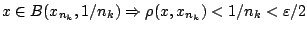 $x\in B(x_{n_k}, 1/n_k) \Rightarrow \rho(x,x_{n_k})<1/n_k<\varepsilon/2$