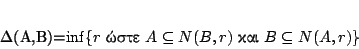 \begin{displaymath}
D(A,B)=\inf\{r \ \hbox{����}\ A\subseteq N(B,r) \ \hbox{���}\ B\subseteq N(A,r)\}
\end{displaymath}